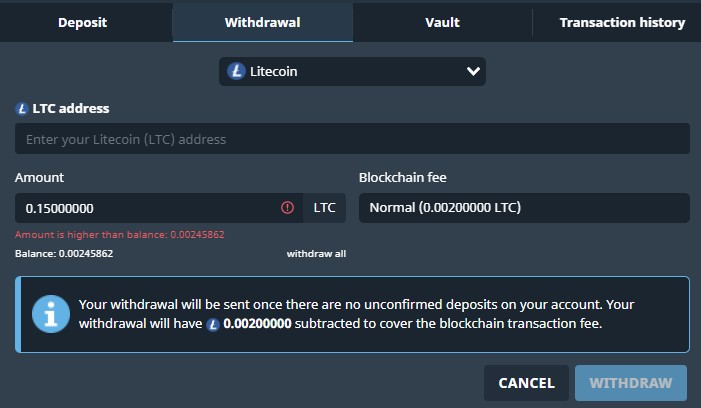 bitsler litecoin withdrawal