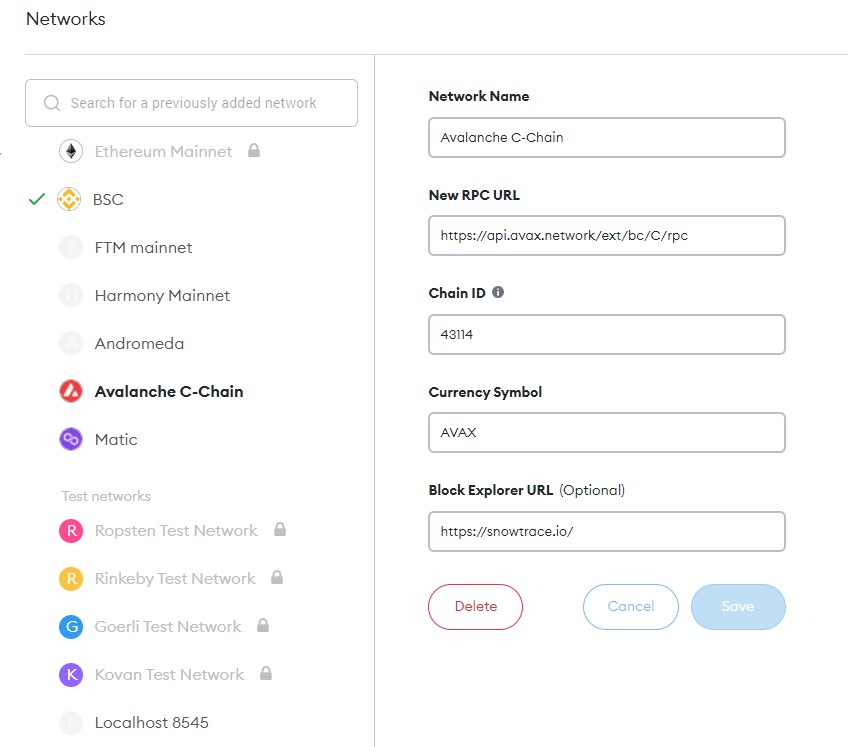 avalanche metamask set up