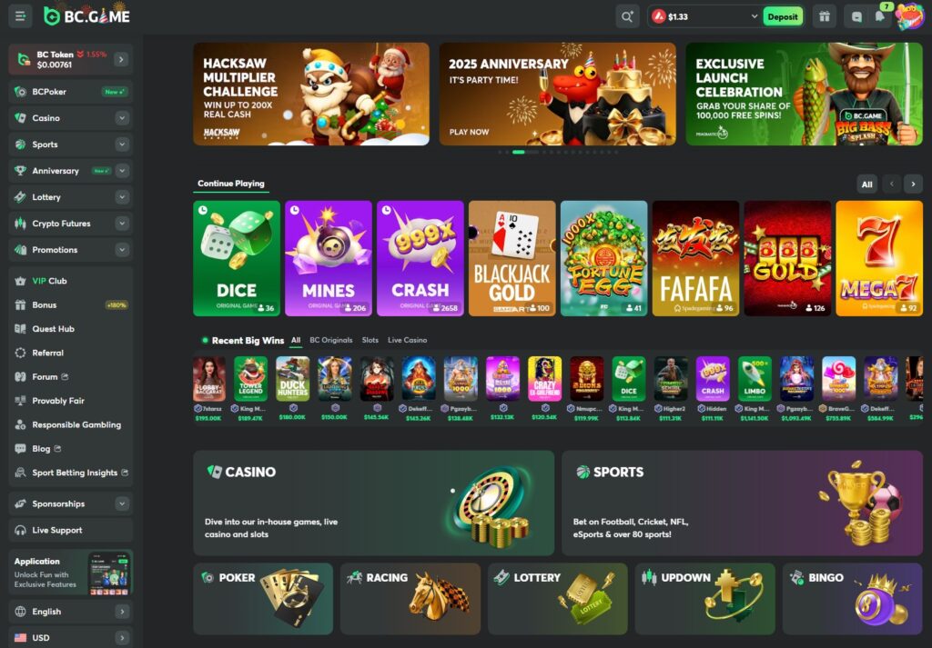 BC.Game Avalanche casino lobby with AVAX-supported games and betting sections