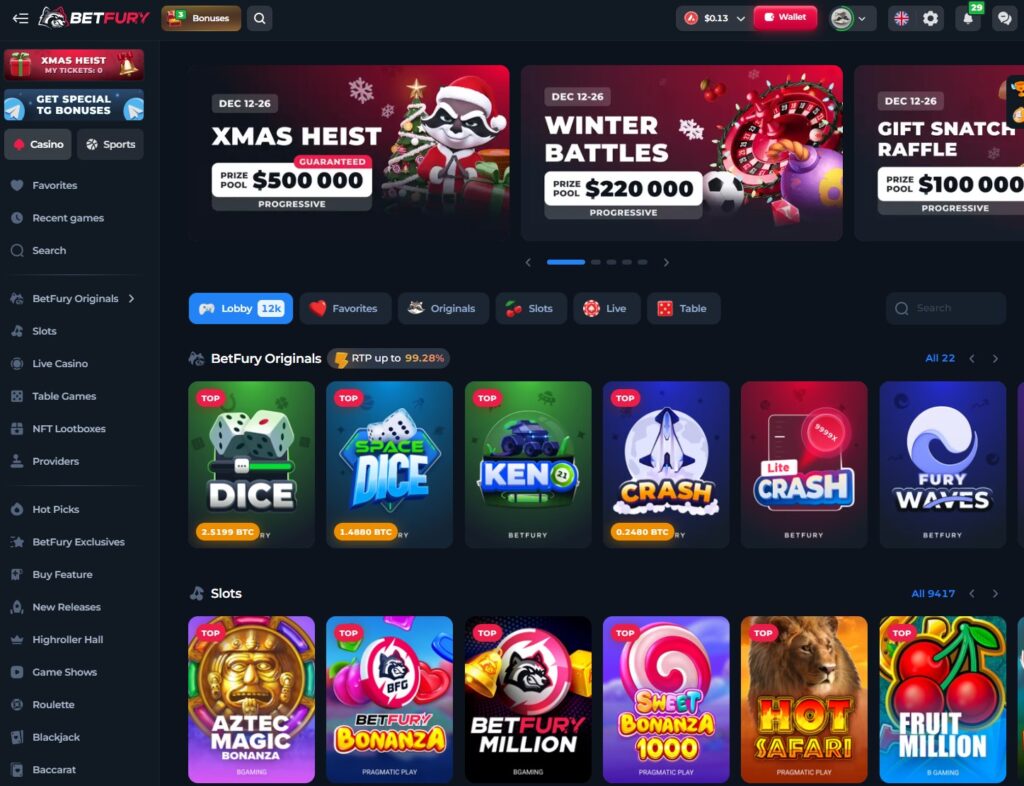 BetFury Avalanche casino lobby featuring AVAX-compatible games and promotions