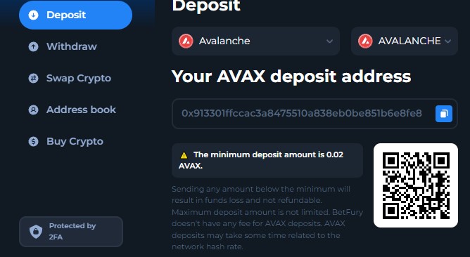 avalanche avax deposit on betfury.io casino