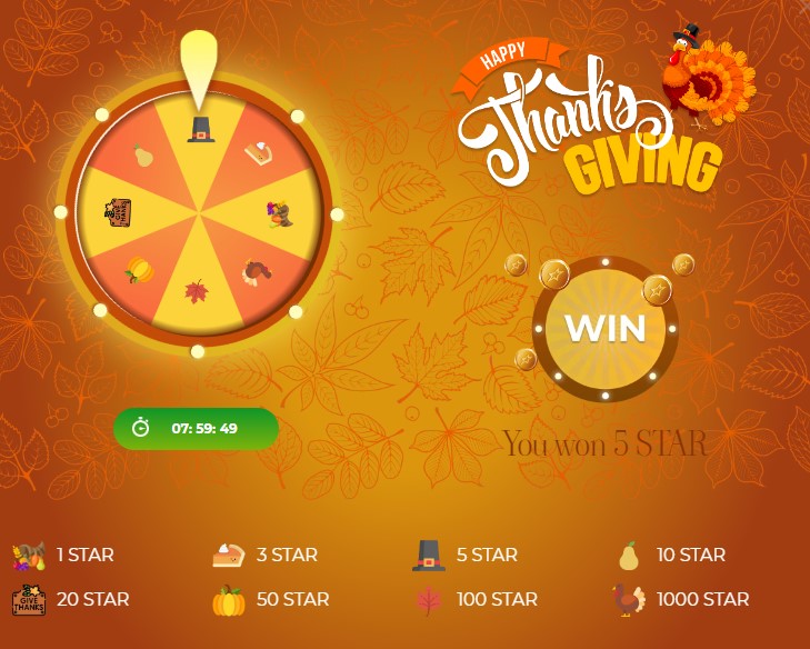 star tokens rewards thanksgiving wheel