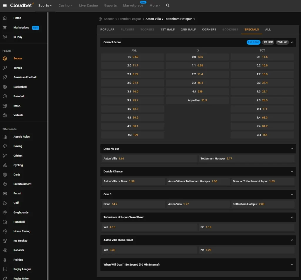 premier league betting cloudbet