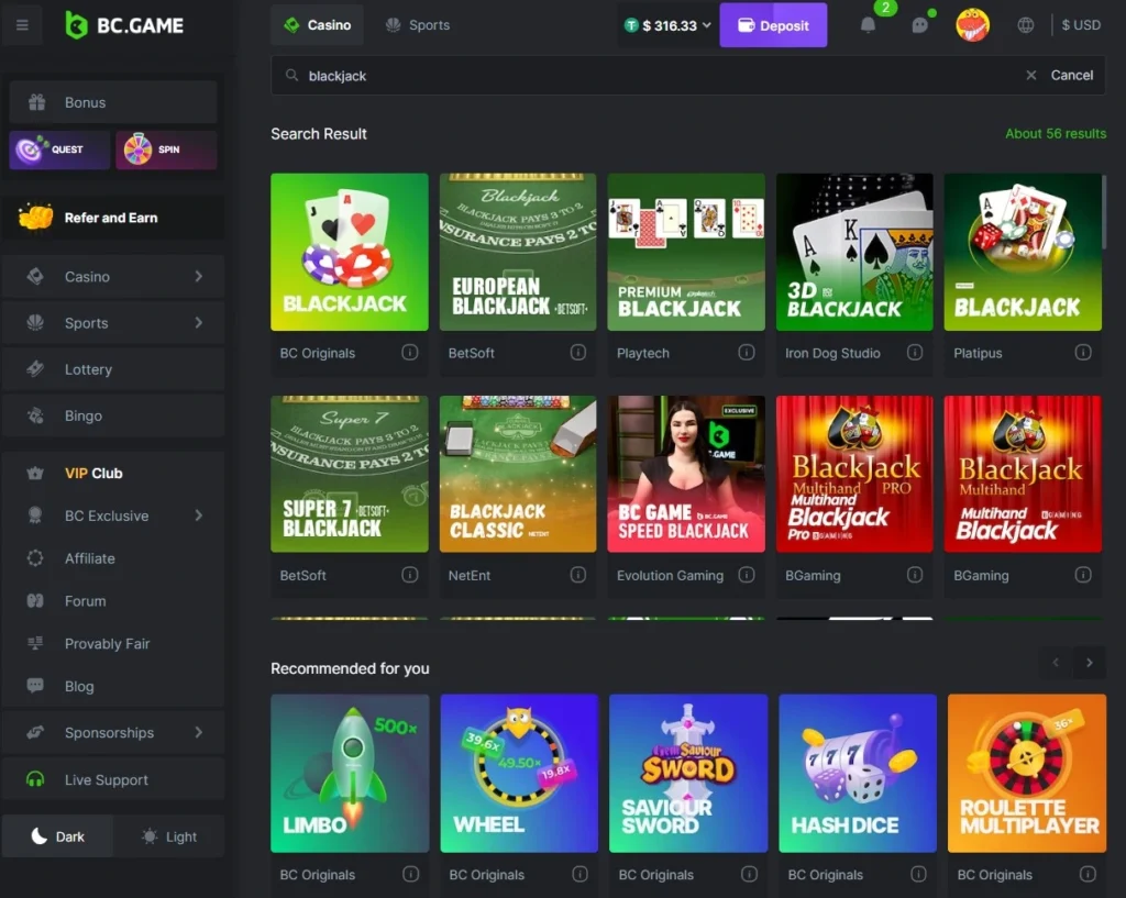 tether blackjack bc.game