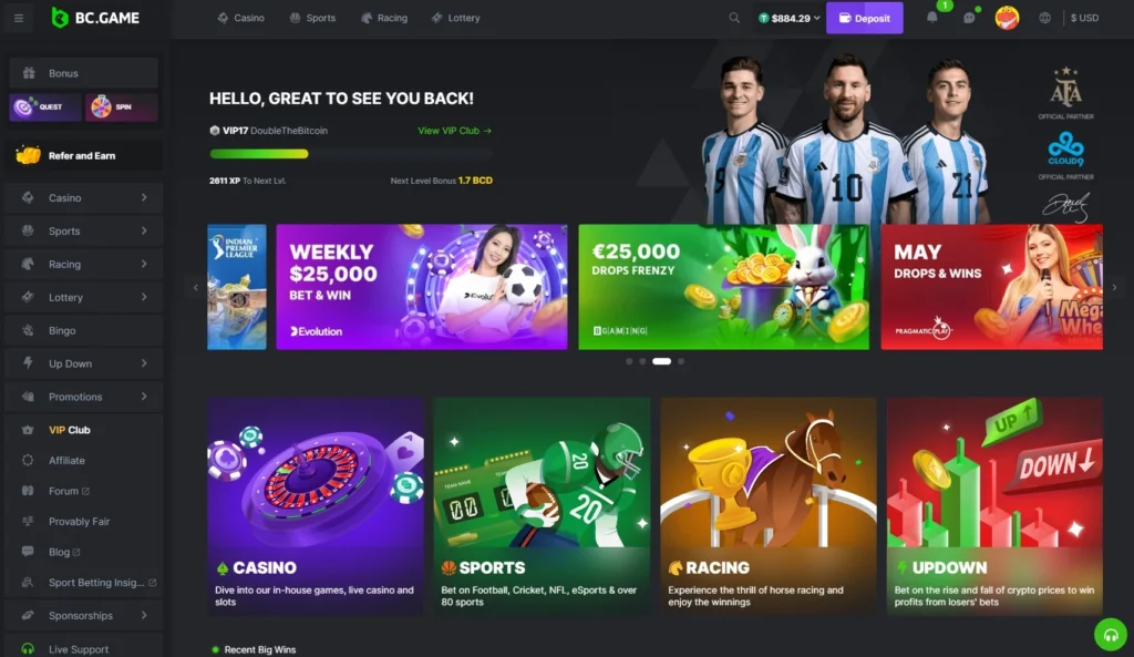 Online gaming interface of BC.Game, a popular alternative to Stake Casino.