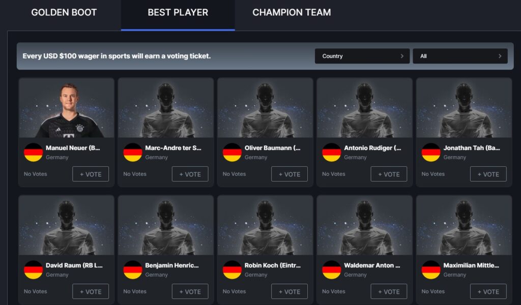 BC.Game voting interface for best football player with players' profiles and voting options