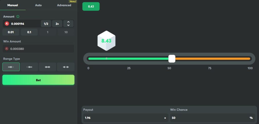 AVAX balance shown in a crypto dice game interface on the Avalanche network.